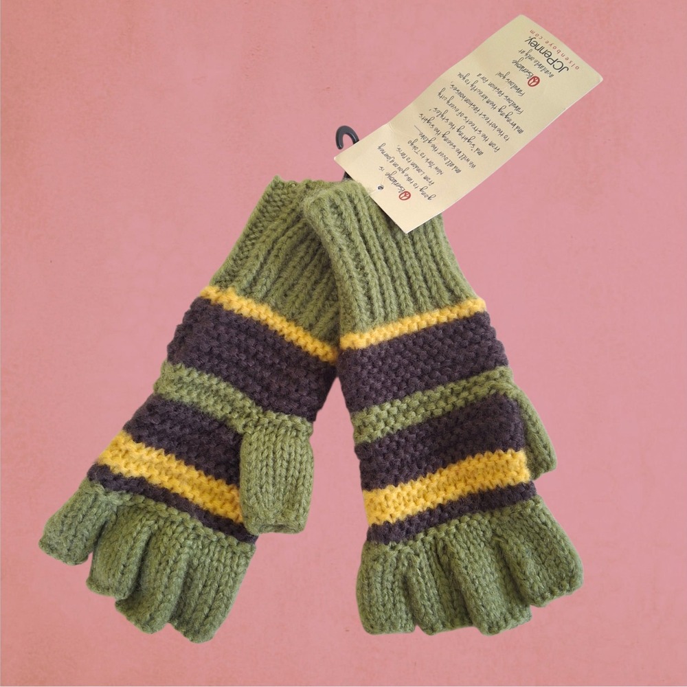 Olsenboye Womens Striped Boho Fingerless Knit Gloves Olive Purple Yellow OS NWT - Picture 3 of 6